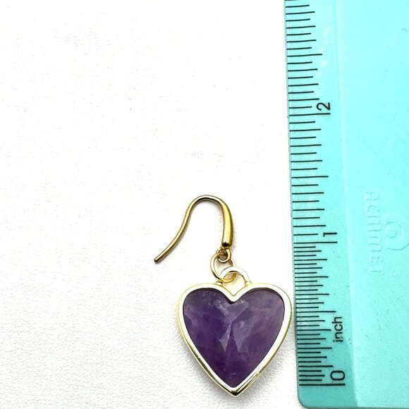 Womens Purple Amethyst Gemstone Heart Gold Plated Earrings Pierced Chandelier - Picture 2 of 6